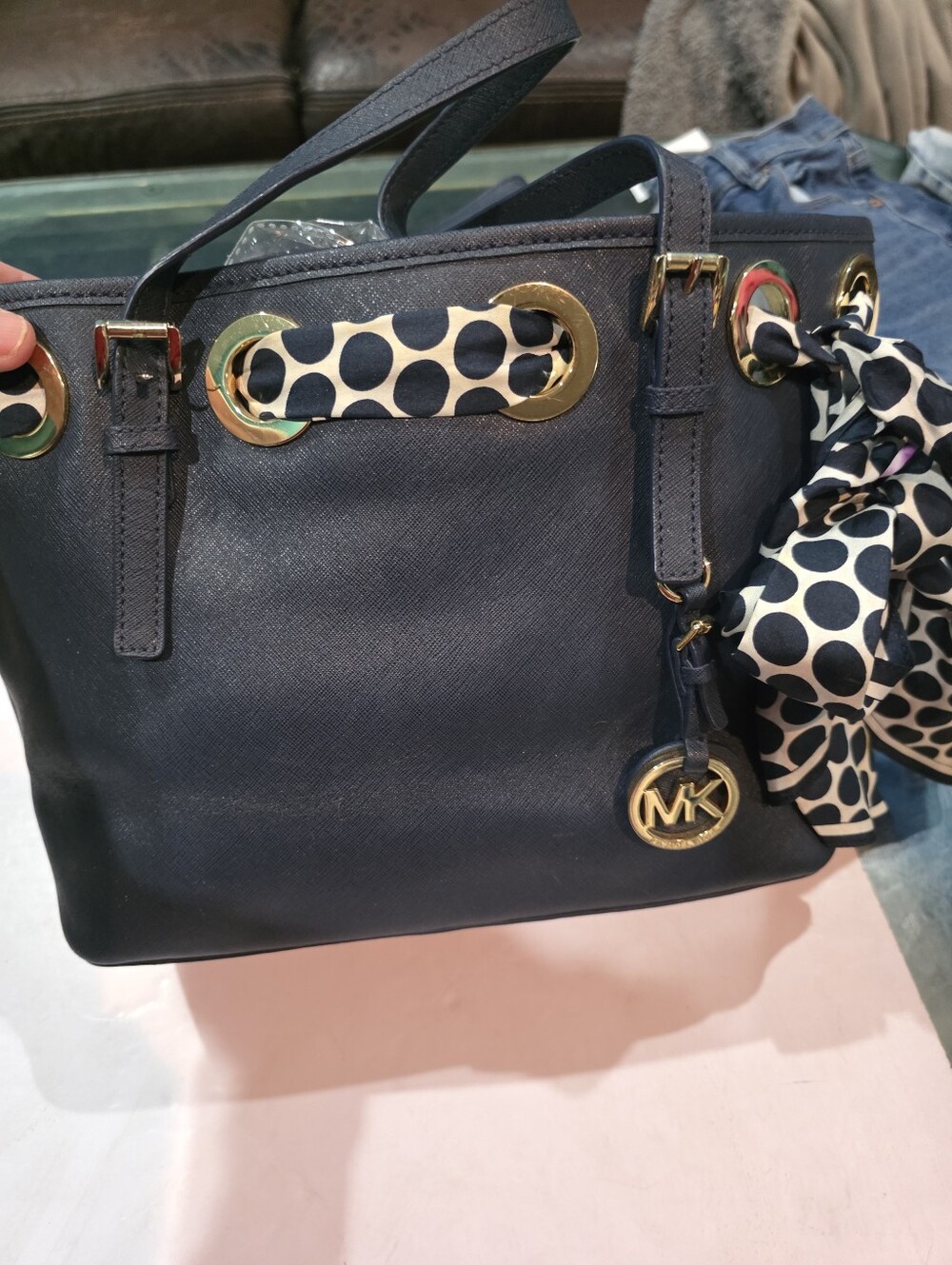 New Michael Kors Navy Saffiano Leather Tote with Polka Dot Scarf Accent - Picture 1 of 6